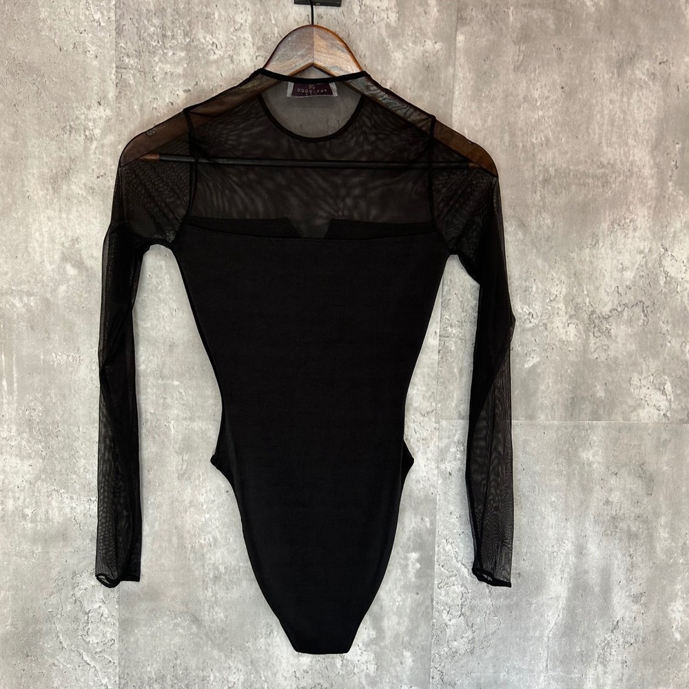 Feelgood Paris Black Mesh Long Sleeve Bodysuit Sheer Panel Notched Neckline M/L - Picture 2 of 11